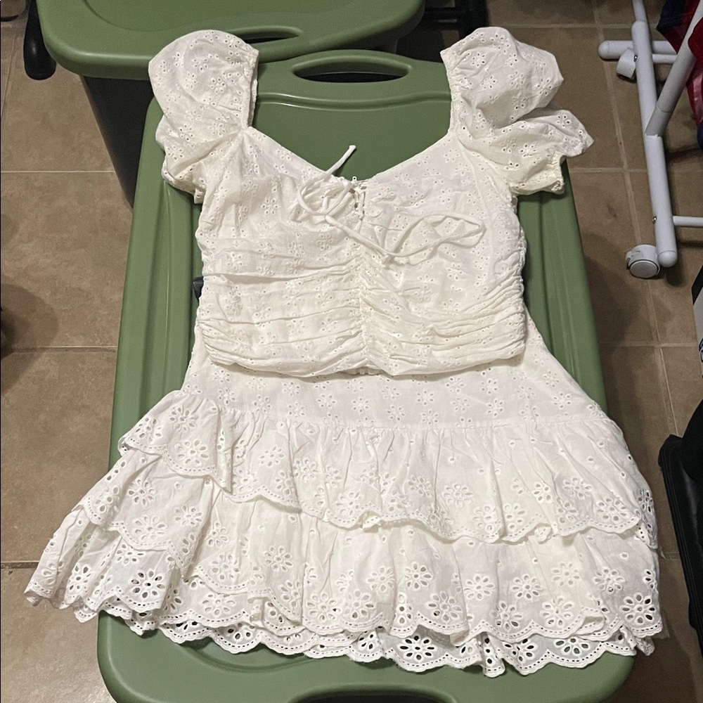 DO+BE Cream Eyelet Small Top and Skirt with Puff Sleeves